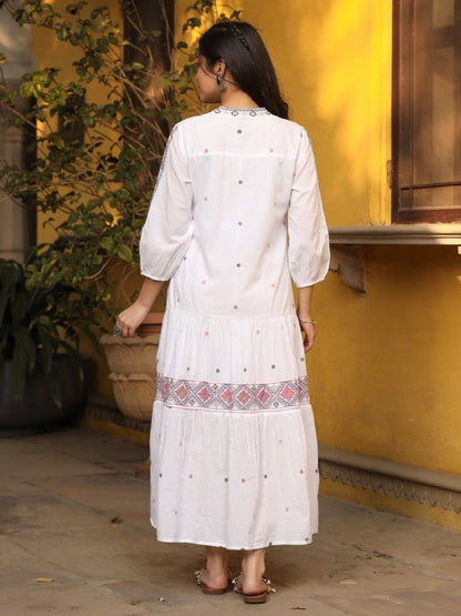 White Pure Cotton Tiered Maxi Dress With Multi-Colored Embroidery Work