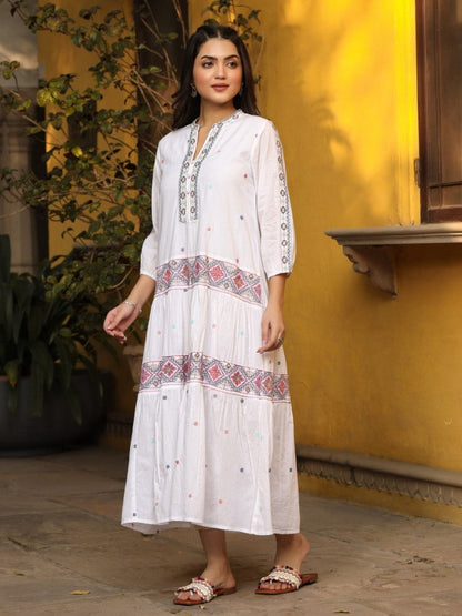 White Pure Cotton Tiered Maxi Dress With Multi-Colored Embroidery Work