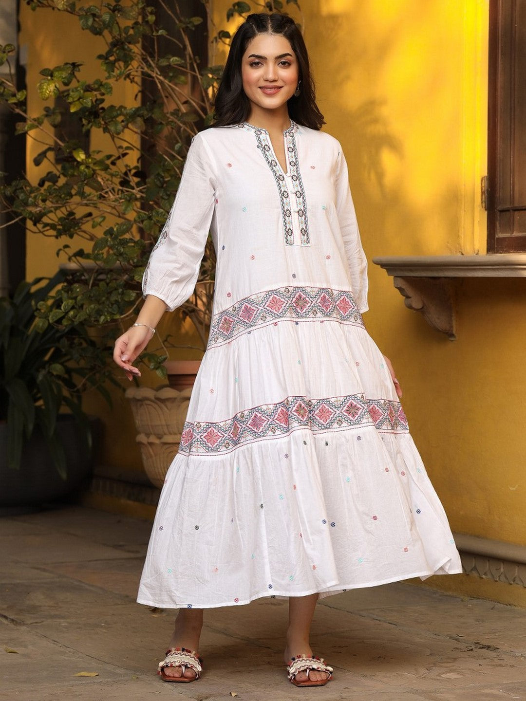 White Pure Cotton Tiered Maxi Dress With Multi-Colored Embroidery Work