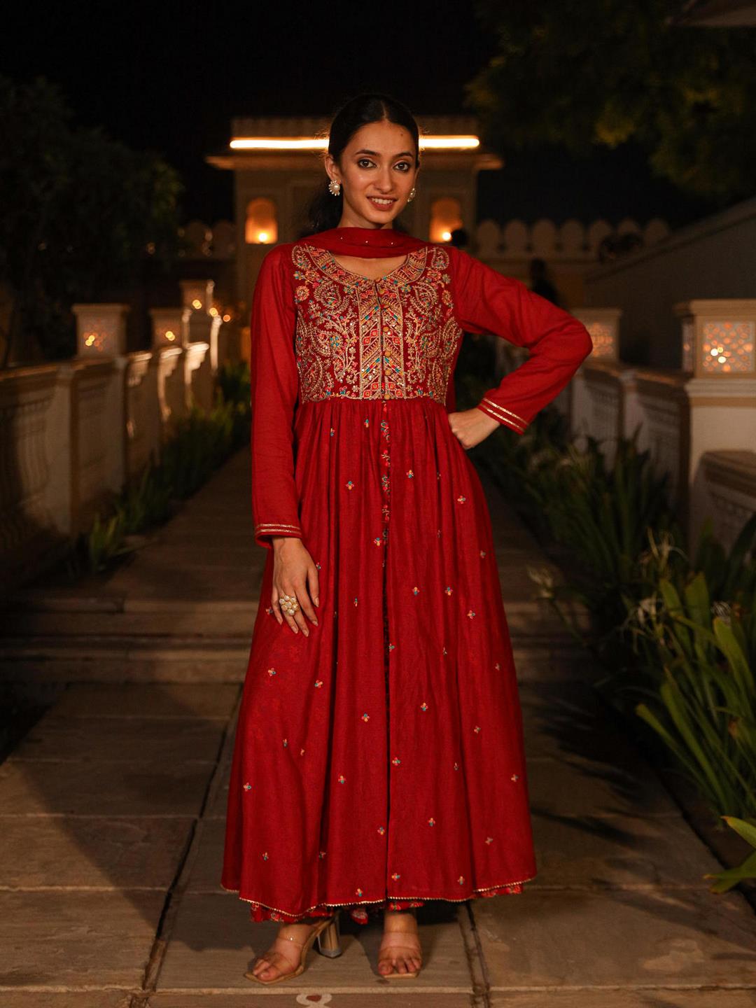 The Mastani Maroon Ethnic Motif Printed Cotton Shrug Inner & Dupatta Set With Sequins Mirror & Thread Work