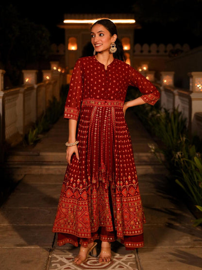 The Mahautsawam Maroon Ethnic Motif Printed Georgette Dress With Thread & Mirror Work