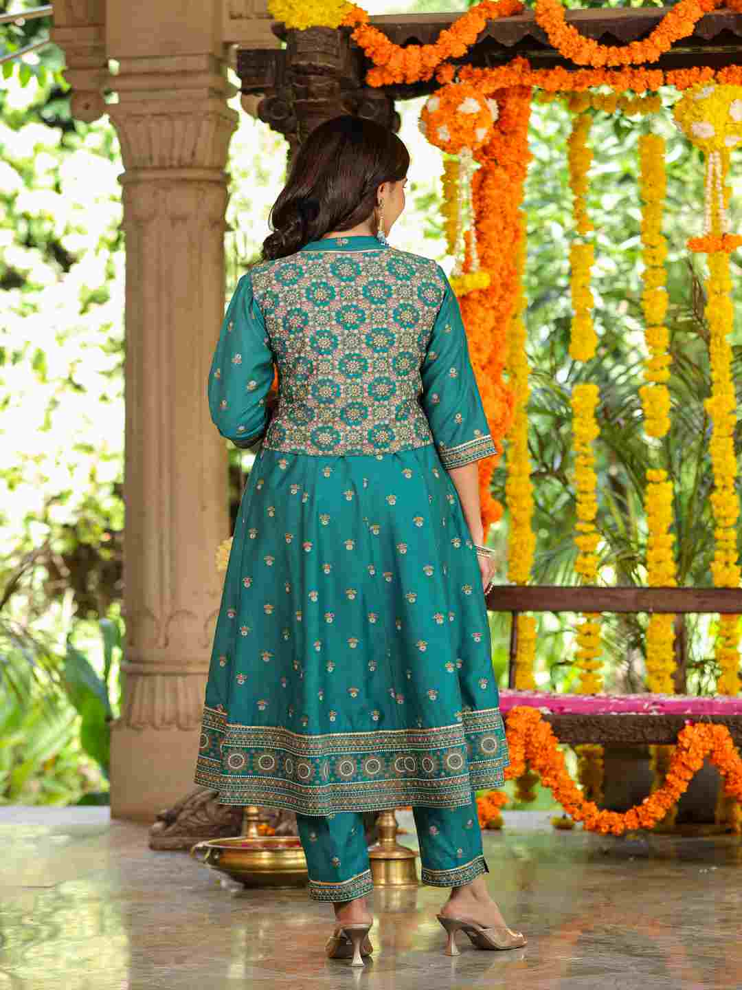 Teal Chanderi Printed Kurta& Pants Set