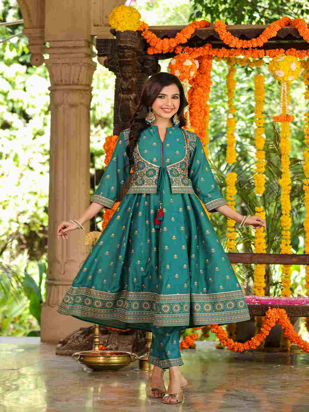 Teal Chanderi Printed Kurta& Pants Set