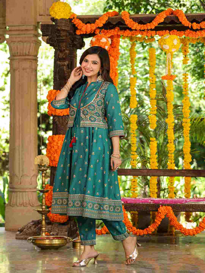 Teal Chanderi Printed Kurta& Pants Set