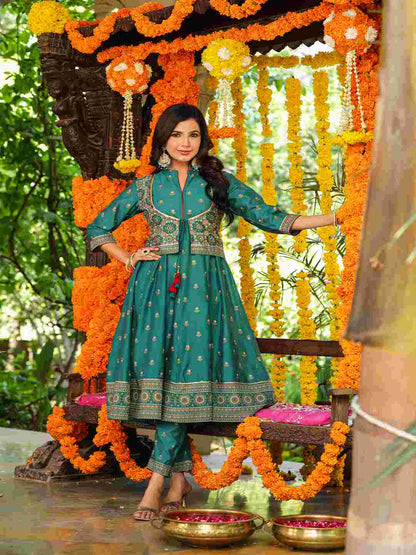 Teal Chanderi Printed Kurta& Pants Set