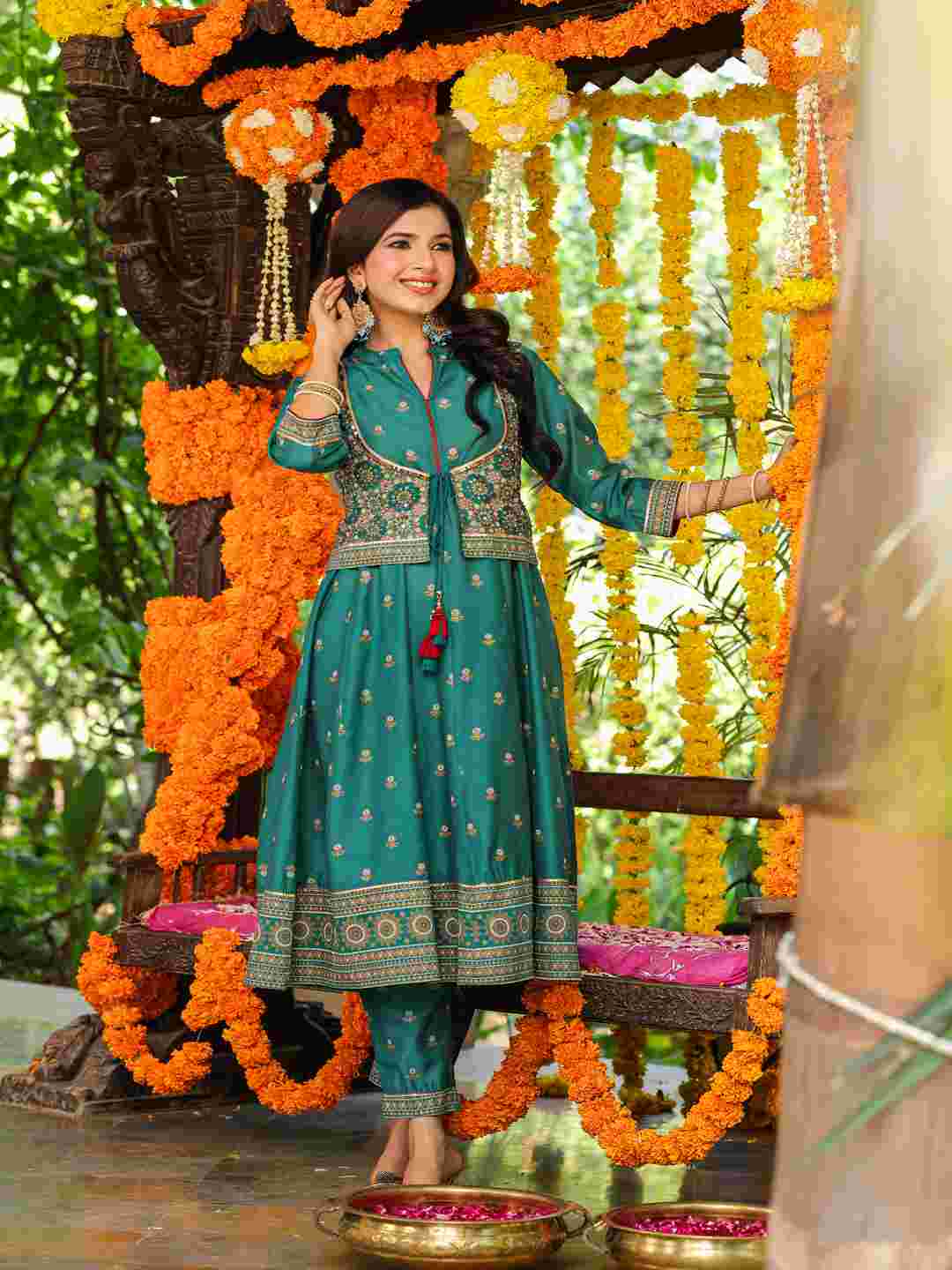 Teal Chanderi Printed Kurta& Pants Set