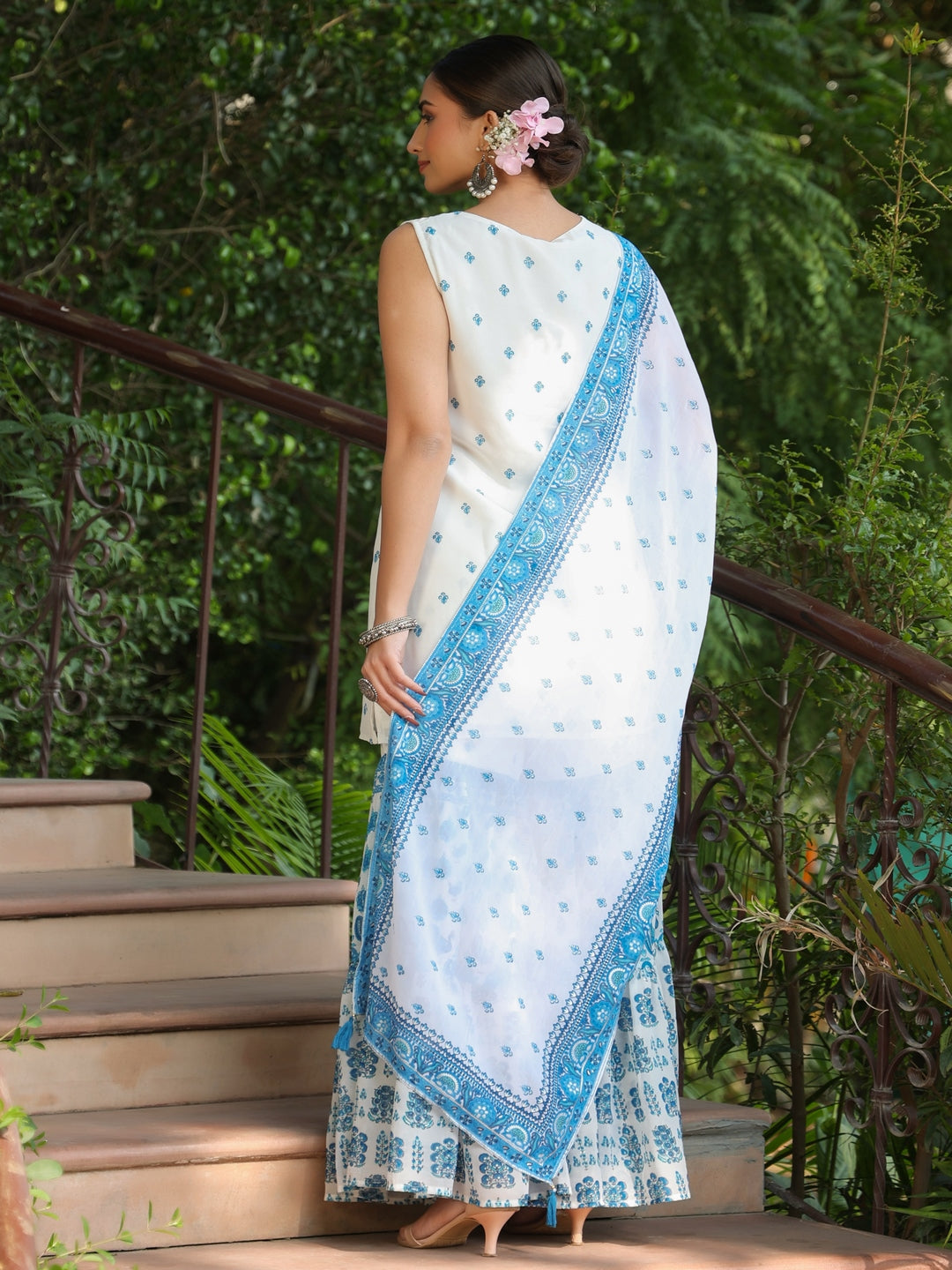 Blue Ethnic Motif Printed Georgette Kurta Sharara & Dupatta Set With Thread Work Embroidery