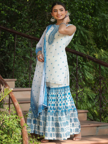 Blue Ethnic Motif Printed Georgette Kurta Sharara & Dupatta Set With Thread Work Embroidery