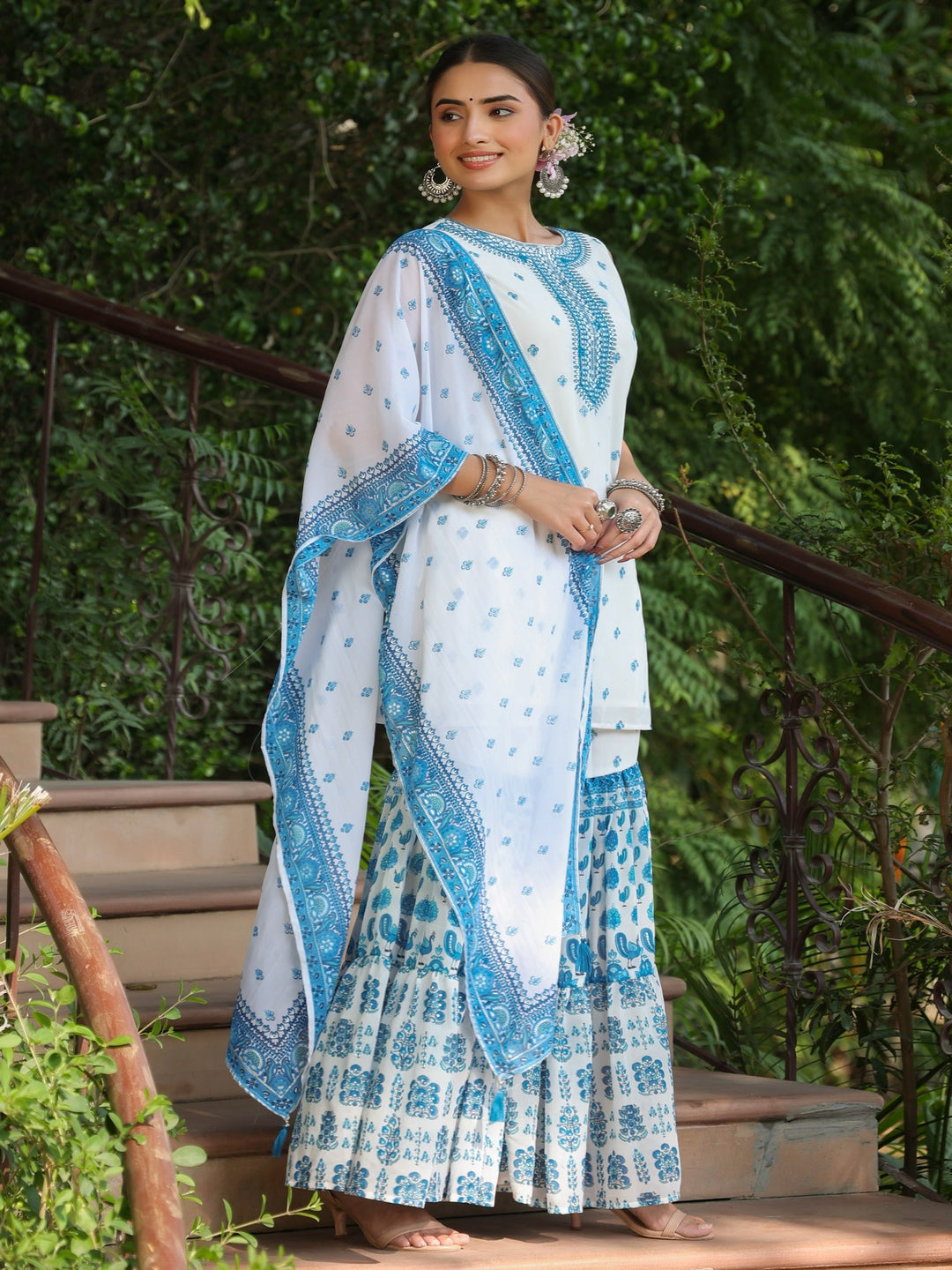 Blue Ethnic Motif Printed Georgette Kurta Sharara & Dupatta Set With Thread Work Embroidery