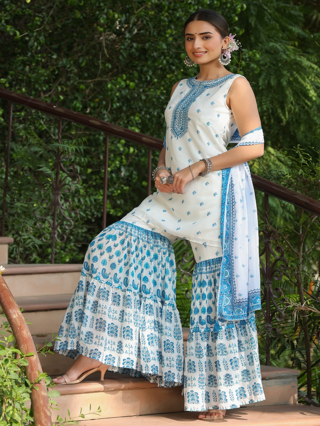 Blue Ethnic Motif Printed Georgette Kurta Sharara & Dupatta Set With Thread Work Embroidery