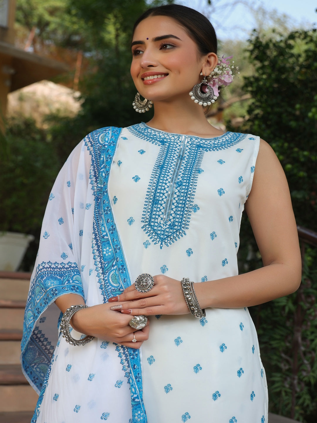 Blue Ethnic Motif Printed Georgette Kurta Sharara & Dupatta Set With Thread Work Embroidery