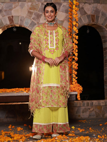 The Madhubala Green Floral Print & Lacy Pure Cotton Kurta Palazzo Set With Kota Doria Print Dupatta