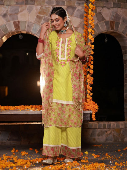 The Madhubala Green Floral Print & Lacy Pure Cotton Kurta Palazzo Set With Kota Doria Print Dupatta