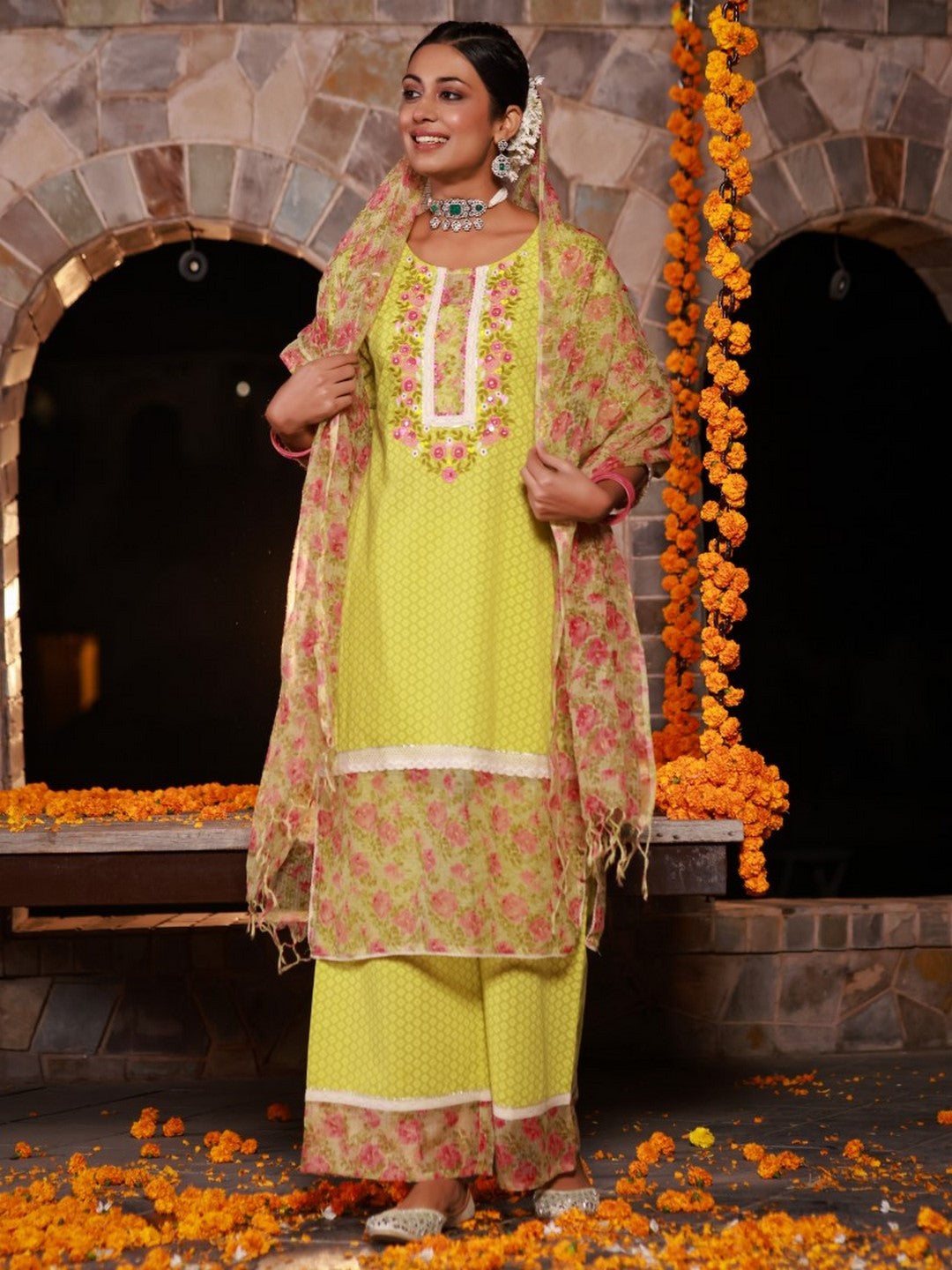 The Madhubala Green Floral Print & Lacy Pure Cotton Kurta Palazzo Set With Kota Doria Print Dupatta