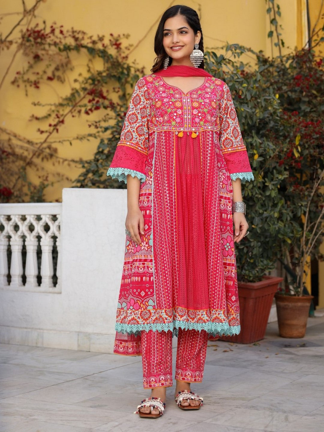 Sujani Pink Cotton & Net Floral Printed & Embroidered Panelled Kurta With Pants And Dupatta Set