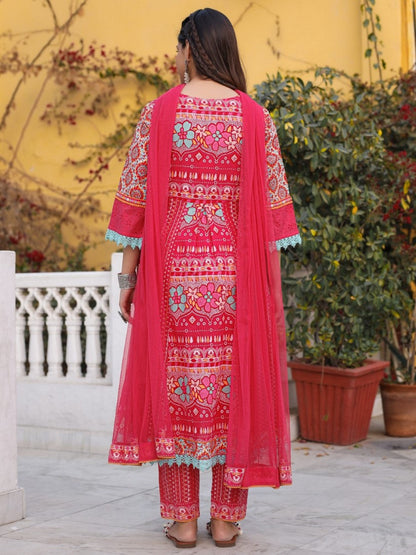 Sujani Pink Cotton & Net Floral Printed & Embroidered Panelled Kurta With Pants And Dupatta Set