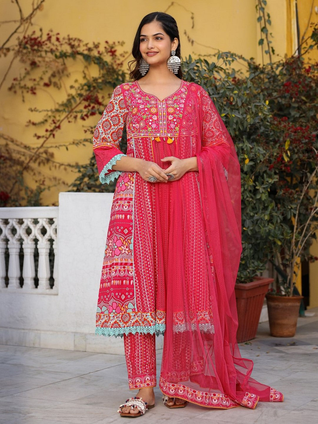 Sujani Pink Cotton & Net Floral Printed & Embroidered Panelled Kurta With Pants And Dupatta Set