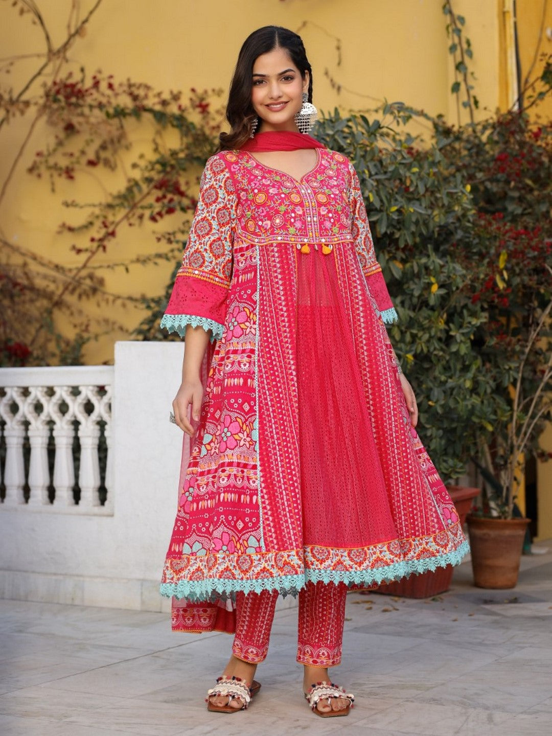 Sujani Pink Cotton & Net Floral Printed & Embroidered Panelled Kurta With Pants And Dupatta Set