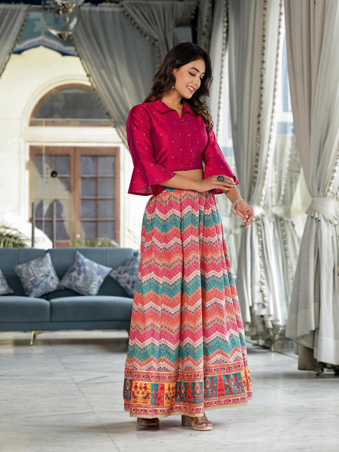 Multi Ethnic Motif Printed Cotton Crop Top And Skirt With Lace & Button Detail