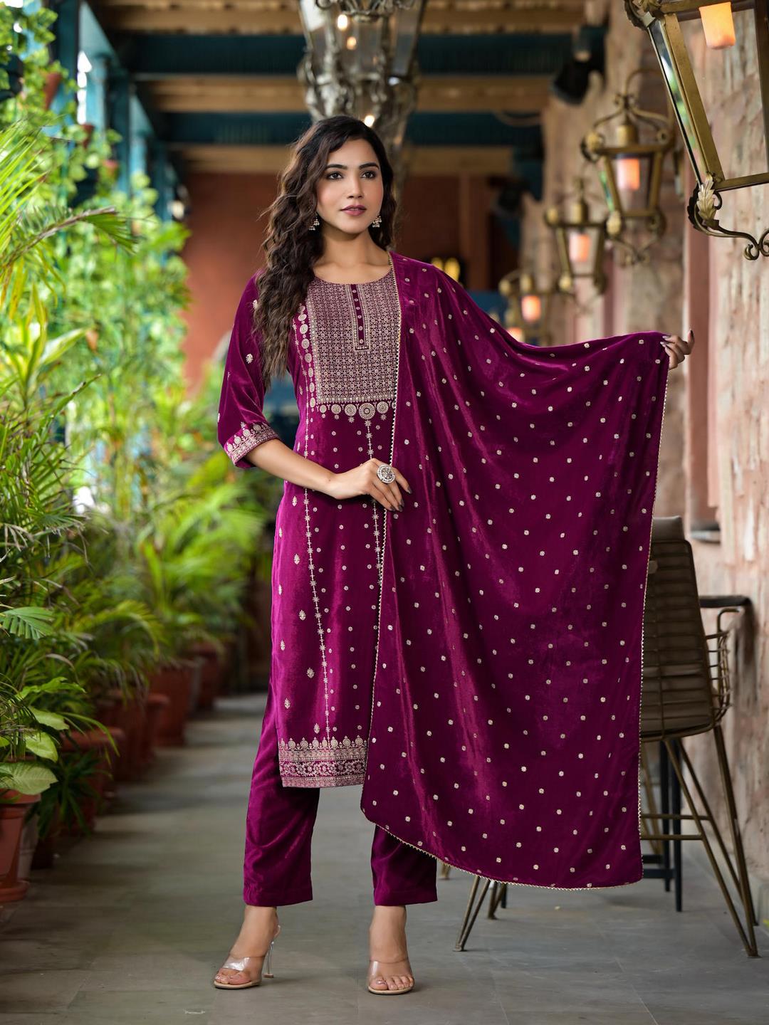 Wine Ethnic Motif Printed Velvet Kurta Set With Lace