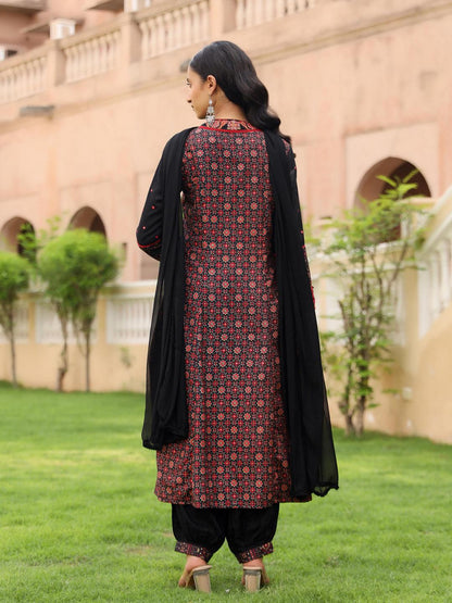 The Mahautsavam Black Ethnic Motif Printed Muslin Kurta Pant And Dupatta With Thread & Mirror Work