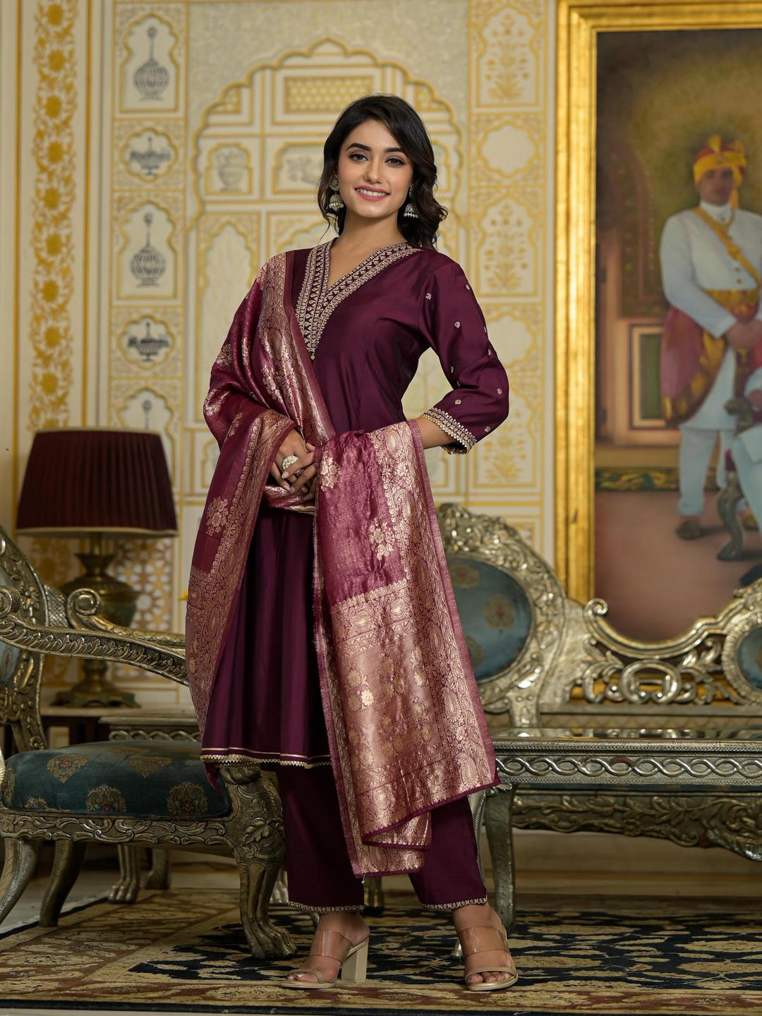 Wine Zari Embroidered Viscose Kurta Pant And Dupatta Set With Sequins & Lace