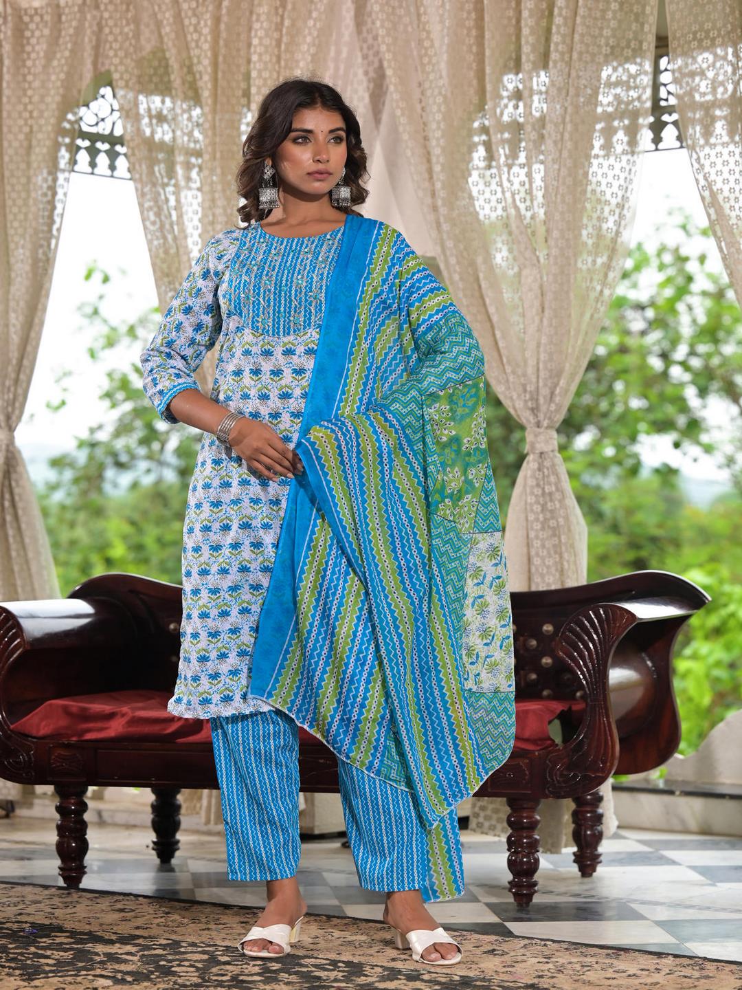 Sky Blue Ethnic Motif Printed Cotton Kurta, Pant And Dupatta Set With Zari & Mirror Work