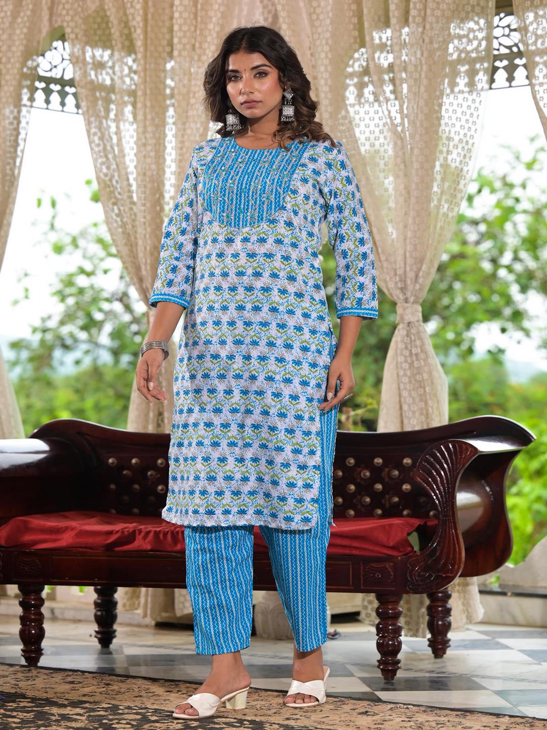 Sky Blue Ethnic Motif Printed Cotton Kurta, Pant And Dupatta Set With Zari & Mirror Work