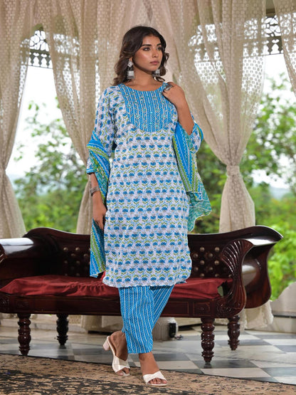 Sky Blue Ethnic Motif Printed Cotton Kurta, Pant And Dupatta Set With Zari & Mirror Work