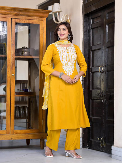 Mustard Thread Embroidered Liva Rayon Kurta Palazzo And Dupatta Set