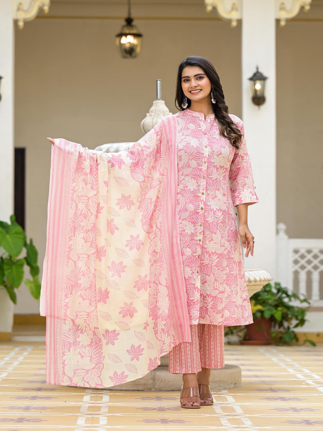 Pink Floral Printed Cotton Kurta Set With Buttons