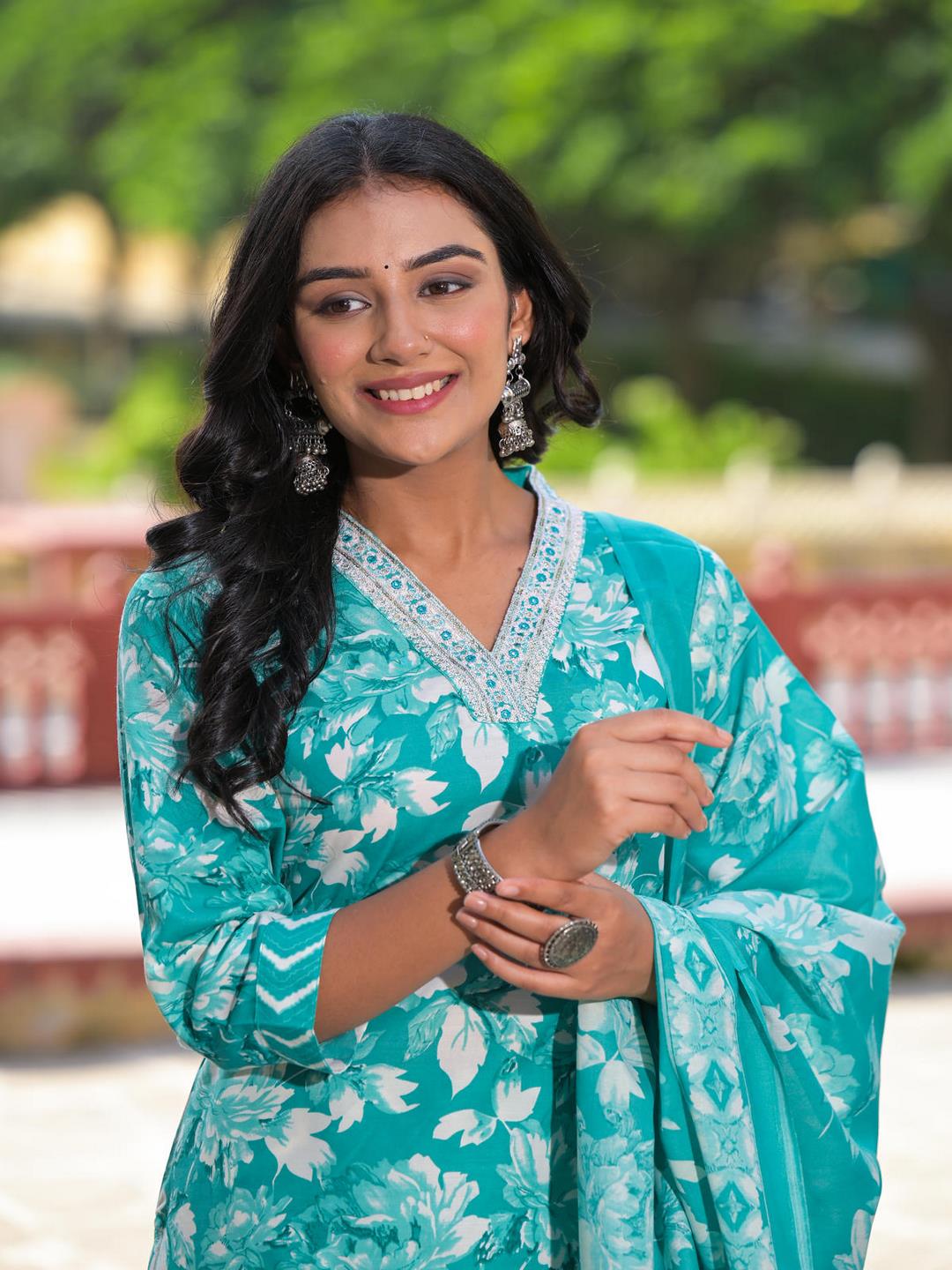 Rama Green Floral Printed Cotton Kurta Pant With Dupatta Set With Mirror Work & Zari Work