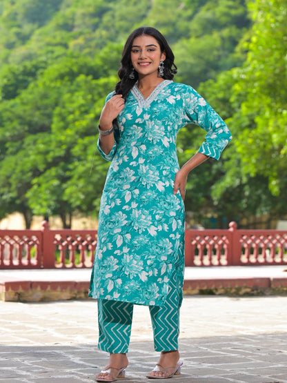 Rama Green Floral Printed Cotton Kurta Pant With Dupatta Set With Mirror Work & Zari Work