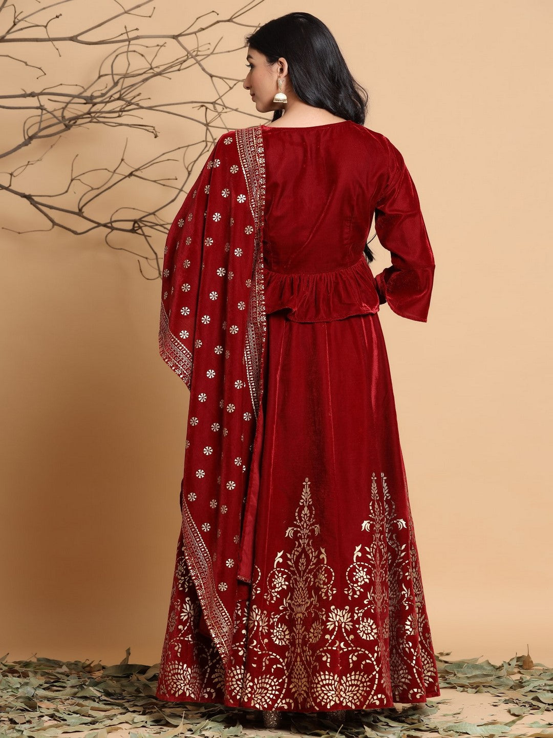 Maroon Velvet Ethnic Motif Printed Lehenga Choli & Dupatta Set