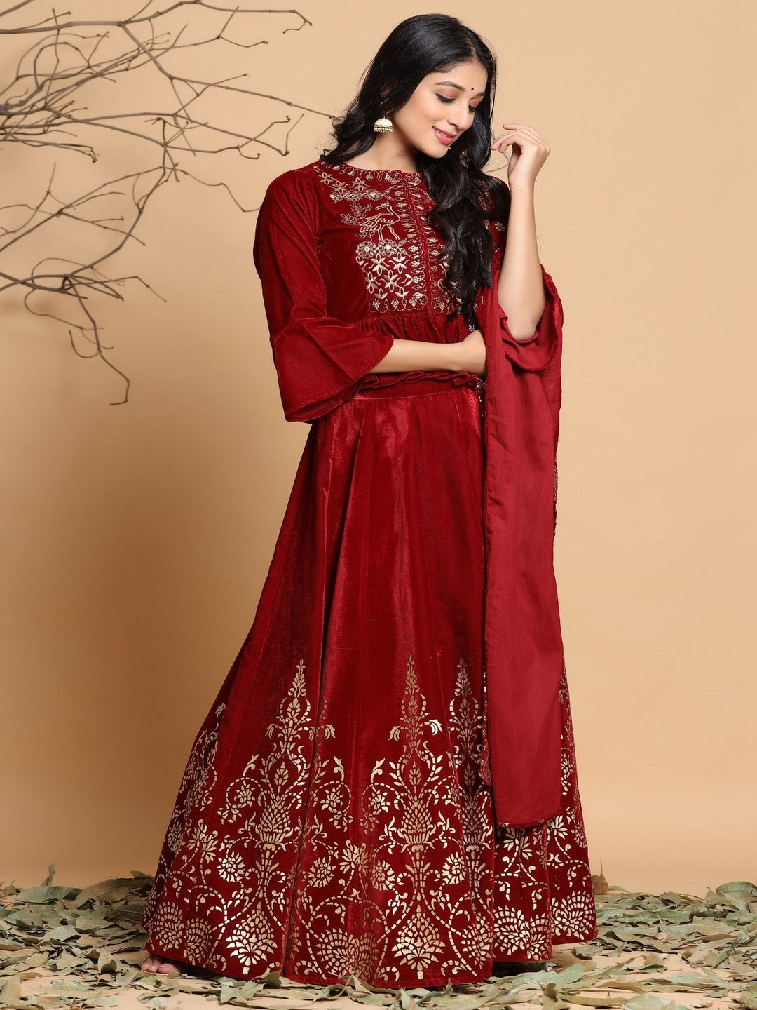 Maroon Velvet Ethnic Motif Printed Lehenga Choli & Dupatta Set