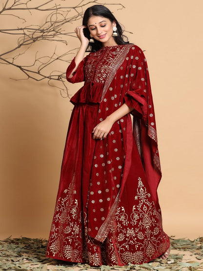 Maroon Velvet Ethnic Motif Printed Lehenga Choli & Dupatta Set