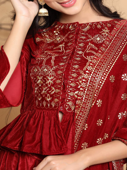 Maroon Velvet Ethnic Motif Printed Lehenga Choli & Dupatta Set