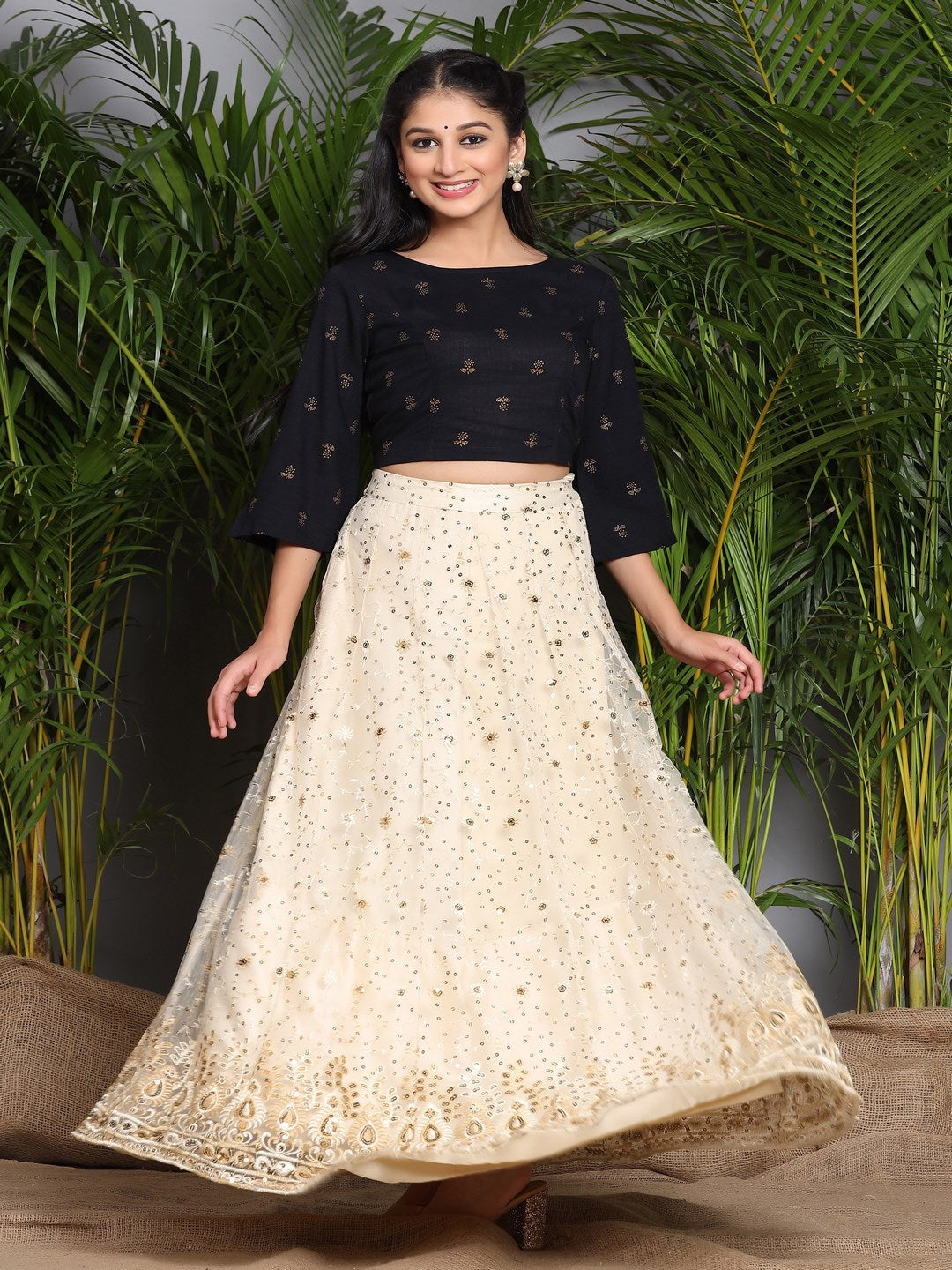 Ivory Floral Printed Rayon Slub Lehenga Choli Set With Sequins Embellishments