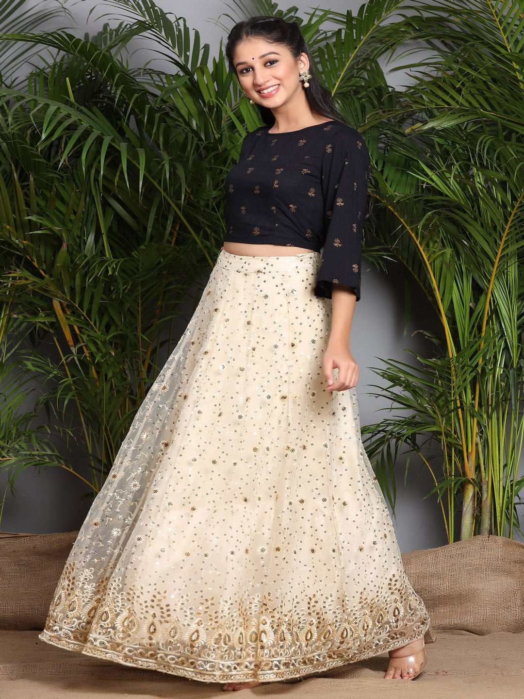 Ivory Floral Printed Rayon Slub Lehenga Choli Set With Sequins Embellishments