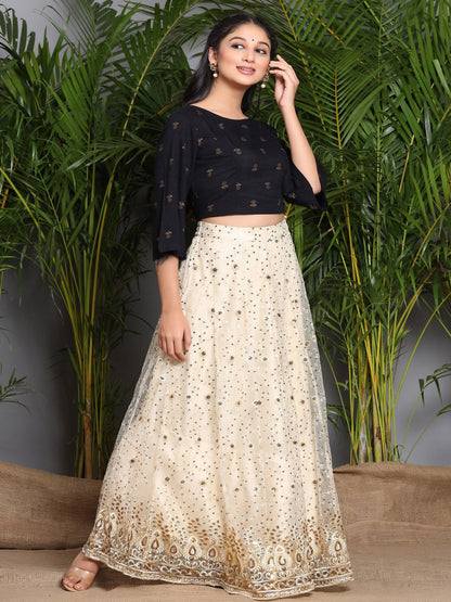 Ivory Floral Printed Rayon Slub Lehenga Choli Set With Sequins Embellishments