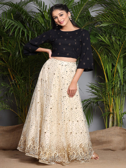 Ivory Floral Printed Rayon Slub Lehenga Choli Set With Sequins Embellishments