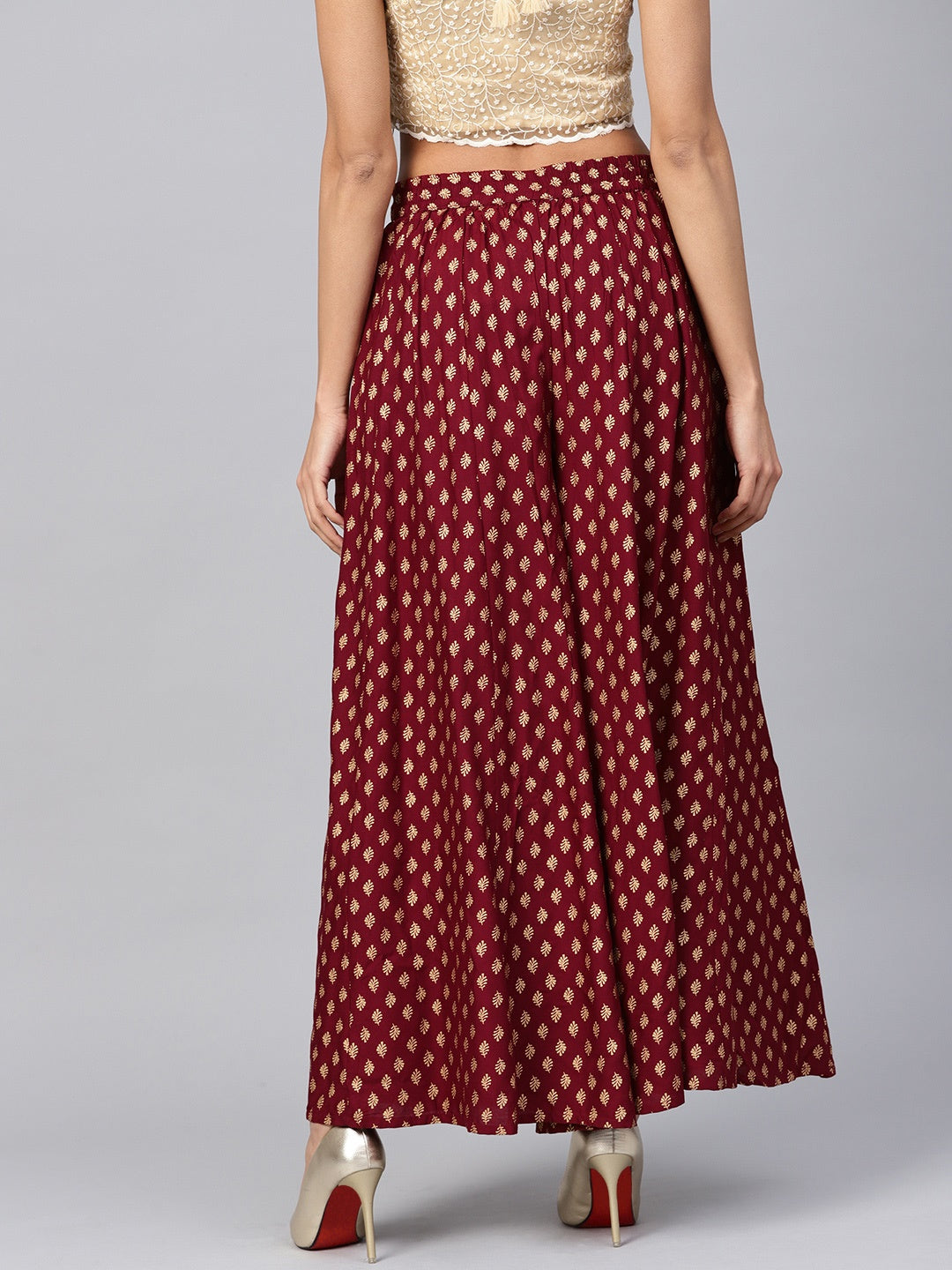 Maroon Ethnic Motif Printed Rayon Flared Women Palazzo With One Pocket