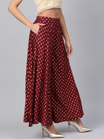 Maroon Ethnic Motif Printed Rayon Flared Women Palazzo With One Pocket