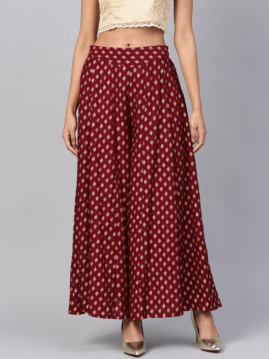 Maroon Ethnic Motif Printed Rayon Flared Women Palazzo With One Pocket