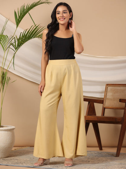 Beige Modal Rayon Women Partially Elasticated Bell Bottom Pants With Single Side Pocket