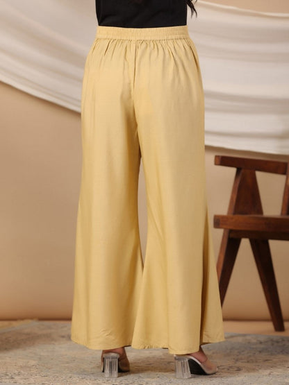 Beige Modal Rayon Women Partially Elasticated Bell Bottom Pants With Single Side Pocket