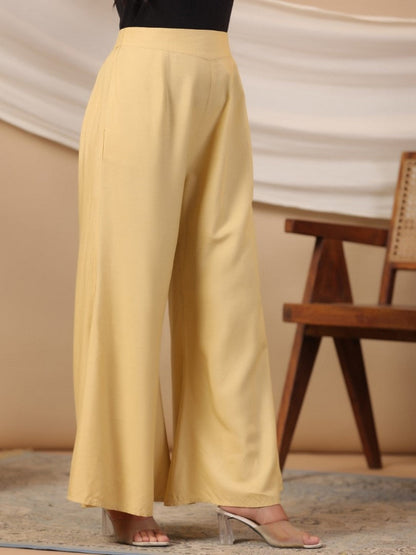 Beige Modal Rayon Women Partially Elasticated Bell Bottom Pants With Single Side Pocket