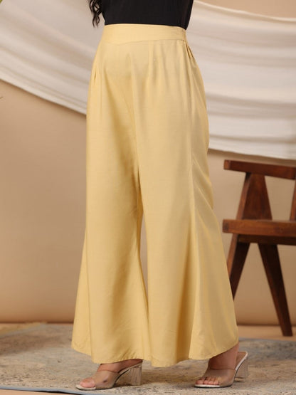 Beige Modal Rayon Women Partially Elasticated Bell Bottom Pants With Single Side Pocket