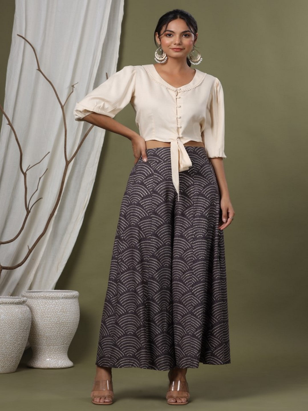 Grey Ethnic Motif Printed Rayon Flared  & Kalidar Palazzo