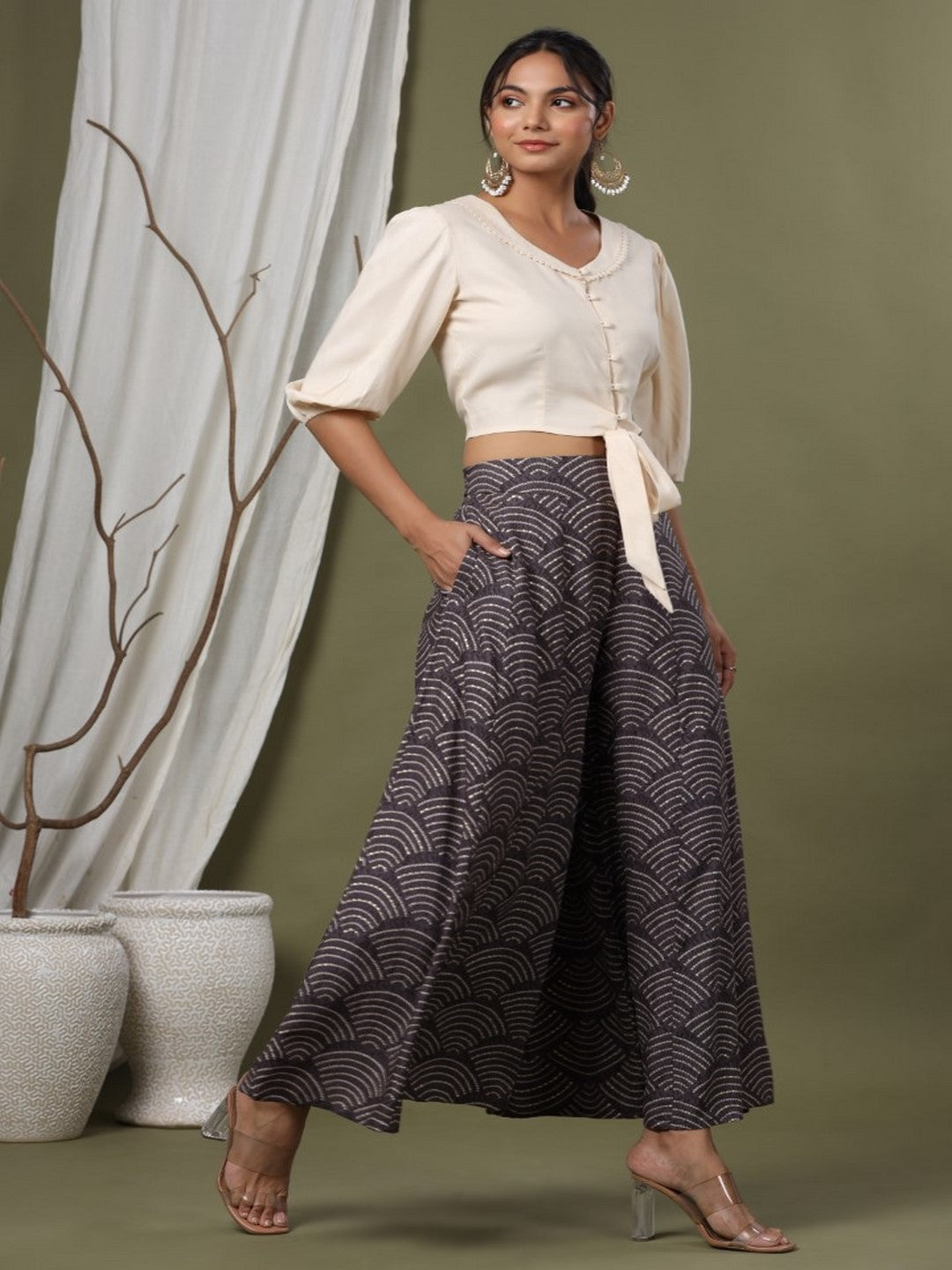 Grey Ethnic Motif Printed Rayon Flared  & Kalidar Palazzo